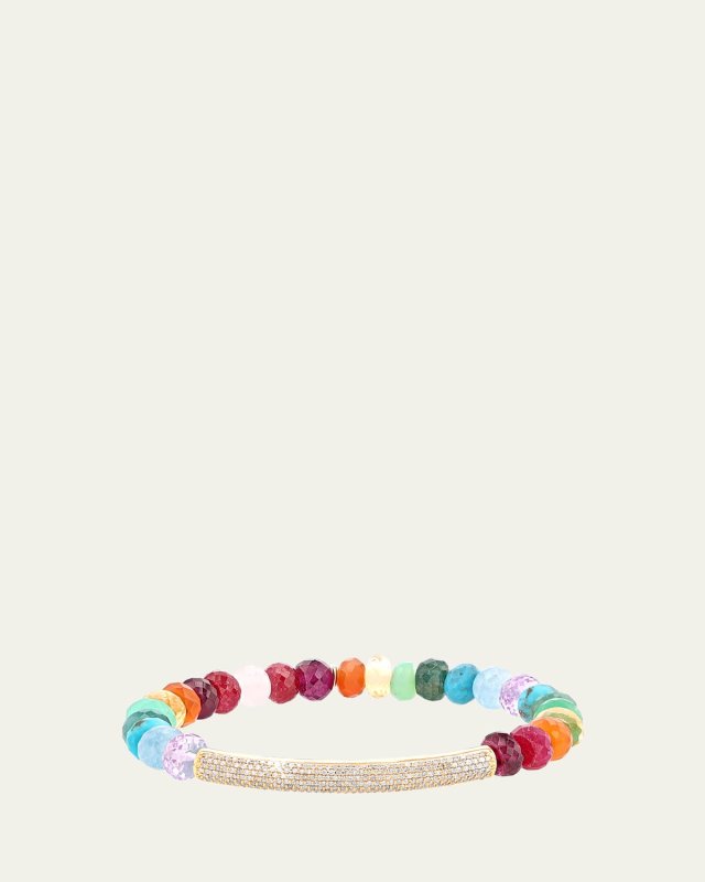 14K Yellow Gold 8mm Multi Rainbow Bead Bracelet with Pave Diamond Tube